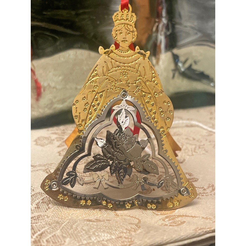 Gold Silver Tone Metal Queen Rose Christmas Ornament Two Tone Holiday Decor